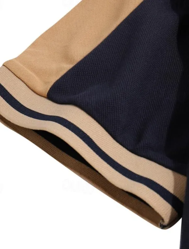 Men's Button Up Polos Cotton Polo Shirt Casual Holiday Lapel Short Sleeve Fashion Basic Color Block Patchwork Embroidered Summer Regular Fit Black Wine Navy Blue Green Grey Button Up Polos