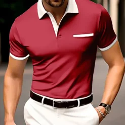 Men's Button Up Polos Cotton Polo Shirt Casual Holiday Lapel Ribbed Polo Collar Short Sleeve Fashion Basic Plain Classic Summer Regular Fit Navy Black White Burgundy Sky Blue Grey Button Up Polos