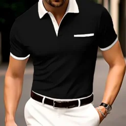 Men's Button Up Polos Cotton Polo Shirt Casual Holiday Lapel Ribbed Polo Collar Short Sleeve Fashion Basic Plain Classic Summer Regular Fit Navy Black White Burgundy Sky Blue Grey Button Up Polos