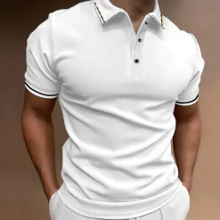 Men's Button Up Polos Golf Shirt Casual Sports Ribbed Polo Collar Classic Short Sleeve Fashion Basic Plain Button Summer Regular Fit Wine Lake Blue Black White Pink Navy Blue Button Up Polos