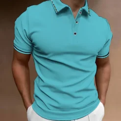Men's Button Up Polos Golf Shirt Casual Sports Ribbed Polo Collar Classic Short Sleeve Fashion Basic Plain Button Summer Regular Fit Wine Lake Blue Black White Pink Navy Blue Button Up Polos