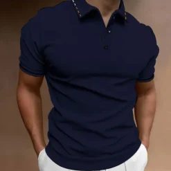 Men's Button Up Polos Golf Shirt Casual Sports Ribbed Polo Collar Classic Short Sleeve Fashion Basic Plain Button Summer Regular Fit Wine Lake Blue Black White Pink Navy Blue Button Up Polos