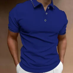 Men's Button Up Polos Golf Shirt Casual Sports Ribbed Polo Collar Classic Short Sleeve Fashion Basic Plain Button Summer Regular Fit Wine Lake Blue Black White Pink Navy Blue Button Up Polos