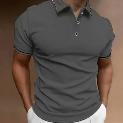 Men's Button Up Polos Golf Shirt Casual Sports Ribbed Polo Collar Classic Short Sleeve Fashion Basic Plain Button Summer Regular Fit Wine Lake Blue Black White Pink Navy Blue Button Up Polos