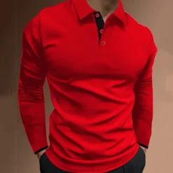 Men's Button Up Polos Polo Shirt Casual Holiday Lapel Long Sleeve Fashion Basic Plain Button Summer Regular Fit Fire Red Black Dark navy Button Up Polos