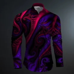 Men's Button Up Shirt Printed Shirts Long Sleeve Subcultural Vacation Party Street Spring & Summer Turndown Print Button-Down Black Red Blue Purple Fuchsia