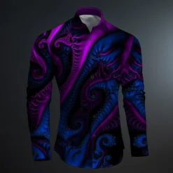 Men's Button Up Shirt Printed Shirts Long Sleeve Subcultural Vacation Party Street Spring & Summer Turndown Print Button-Down Black Red Blue Purple Fuchsia
