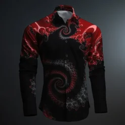 Men's Button Up Shirt Printed Shirts Long Sleeve Subcultural Vacation Party Street Spring & Summer Turndown Print Button-Down Black Red Blue Purple Fuchsia