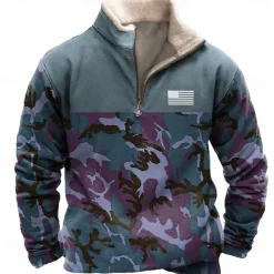 Men's Camo / Camouflage Sweatshirt Quarter Zip Sweatshirt Long Sleeve Sweatshirt Stand Collar Quarter Zip Casual Vintage Retro 3D Print Vacation Going out Streetwear Half Zip Fall Winter