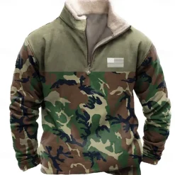 Men's Camo / Camouflage Sweatshirt Quarter Zip Sweatshirt Long Sleeve Sweatshirt Stand Collar Quarter Zip Casual Vintage Retro 3D Print Vacation Going out Streetwear Half Zip Fall Winter