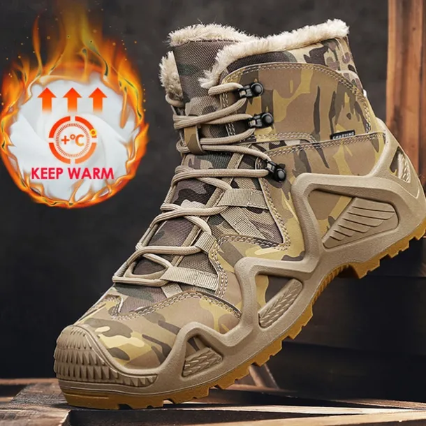 Men's Camouflage Winter Hiking Boots with Fur Lining – Waterproof Insulated Outdoor Snow Boots