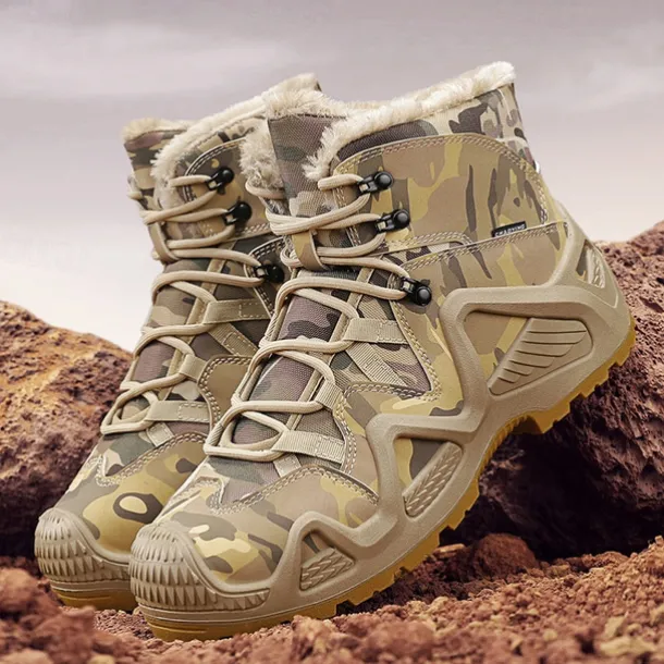 Men's Camouflage Winter Hiking Boots with Fur Lining – Waterproof Insulated Outdoor Snow Boots