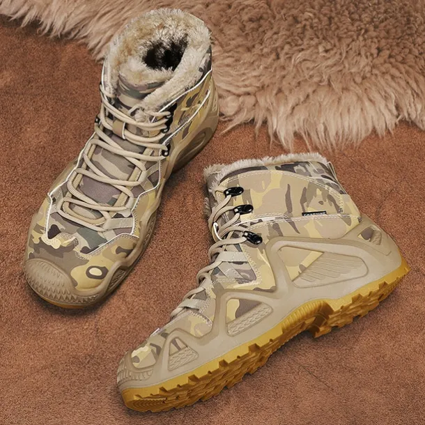 Men's Camouflage Winter Hiking Boots with Fur Lining – Waterproof Insulated Outdoor Snow Boots