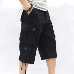 Men's Capri Cargo Shorts Leg Drawstring Multi Pocket Plain Calf-Length Streetwear Classic Style Black Army Green
