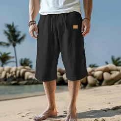 Men's Capri Pants Linen Shorts Summer Shorts Beach Shorts Pocket Drawstring Elastic Waist Plain Comfort Breathable Calf-Length Vacation Holiday Beach Hawaiian Boho Black White Micro-elastic