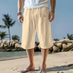 Men's Capri Pants Linen Shorts Summer Shorts Beach Shorts Pocket Drawstring Elastic Waist Plain Comfort Breathable Calf-Length Vacation Holiday Beach Hawaiian Boho Black White Micro-elastic