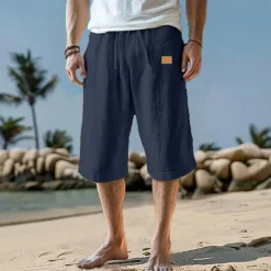 Men's Capri Pants Linen Shorts Summer Shorts Beach Shorts Pocket Drawstring Elastic Waist Plain Comfort Breathable Calf-Length Vacation Holiday Beach Hawaiian Boho Black White Micro-elastic