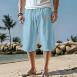 Men's Capri Pants Linen Shorts Summer Shorts Beach Shorts Pocket Drawstring Elastic Waist Plain Comfort Breathable Calf-Length Vacation Holiday Beach Hawaiian Boho Black White Micro-elastic