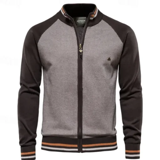 Men's Cardigan Sweater Cardigan Ribbed Knit Regular Tops Zipper Color Block Standing Collar Knitwear Neutral Outdoor Clothing Apparel Spring & Fall Black Navy Blue S M L