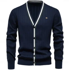 Men's Cardigan Sweater Knit Button Up with White Trim Striped Deep V Knitwear Elegant School Training Clothing Apparel Bishop Sleeve Fall Winter Black Navy Blue S M L