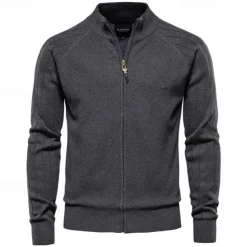 Men's Cardigan Sweater Ribbed Cable Knit Zipper Jacquard Solid Color Turndown Knitwear Neutral Outdoor Causal Clothing Apparel T-shirt Sleeve Winter Spring & Fall Black Navy Blue S M L