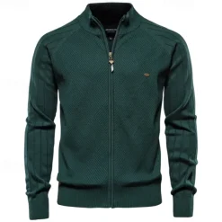 Men's Cardigan Sweater Ribbed Cable Knit Zipper Jacquard Solid Color Turndown Knitwear Neutral Outdoor Causal Clothing Apparel T-shirt Sleeve Winter Spring & Fall Black Navy Blue S M L