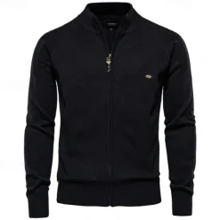 Men's Cardigan Sweater Ribbed Cable Knit Zipper Jacquard Solid Color Turndown Knitwear Neutral Outdoor Causal Clothing Apparel T-shirt Sleeve Winter Spring & Fall Black Navy Blue S M L