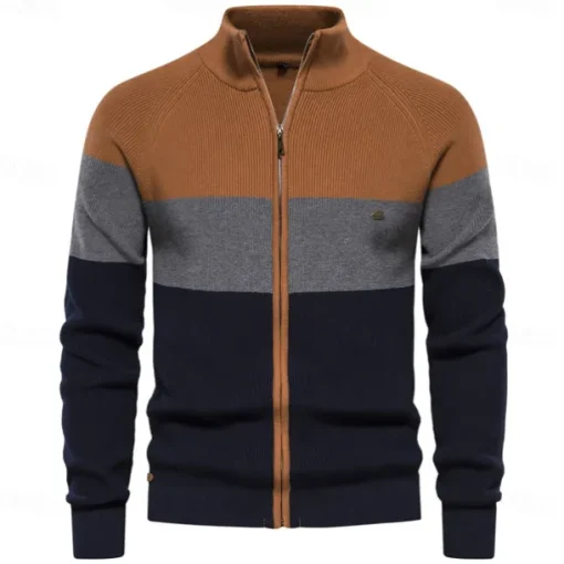 Men's Cardigan Sweater Zip Sweater Knit Patchwork Zipper Color Block Turtleneck Knitwear Elegant School Training Clothing Apparel Bishop Sleeve Fall Winter Navy Blue Royal Blue S M L