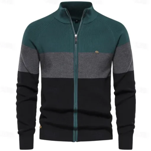 Men's Cardigan Sweater Zip Sweater Knit Patchwork Zipper Color Block Turtleneck Knitwear Elegant School Training Clothing Apparel Bishop Sleeve Fall Winter Navy Blue Royal Blue S M L