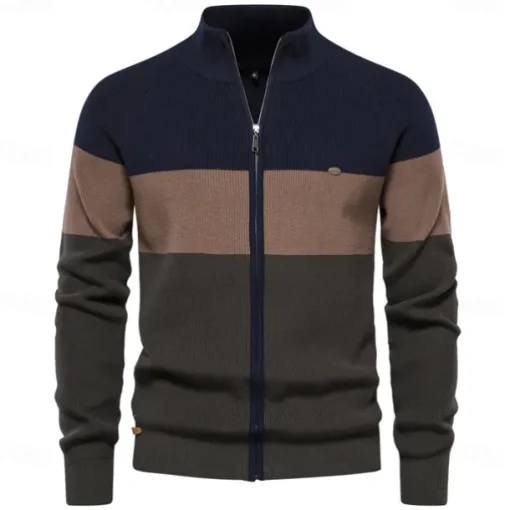Men's Cardigan Sweater Zip Sweater Knit Patchwork Zipper Color Block Turtleneck Knitwear Elegant School Training Clothing Apparel Bishop Sleeve Fall Winter Navy Blue Royal Blue S M L