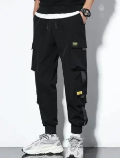 Men's Cargo Pants Cargo Trousers Joggers Trousers Cropped Pants Drawstring Elastic Waist Multi Pocket Letter Comfort Wearable Casual Daily Holiday Sports Fashion Black Green