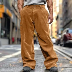 Men's Cargo Pants Corduroy Pants Trousers Baggy Pants Casual Pants Pocket Elastic Waist Straight Leg Plain Comfort Soft Full Length Outdoor Daily Going out Fashion Streetwear Army Green Brown