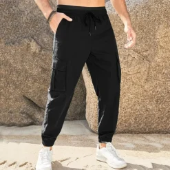 Men's Cargo Pants Joggers Trousers Casual Pants Drawstring Elastic Waist Multi Pocket Plain Comfort Soft Full Length Outdoor Daily Running Fashion Streetwear Black Green
