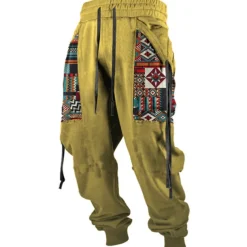 Men's Cargo Pants Sweatpants Joggers Trousers Drawstring Side Pockets Ribbon Graphic Geometric Comfort Breathable Casual Daily Streetwear Cotton Blend Sports Fashion Yellow Pink Micro-elastic