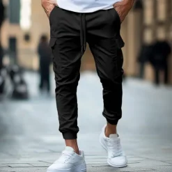 Men's Cargo Pants Trousers Jogger Pants Drawstring Elastic Waist Multi Pocket Plain Comfort Soft Full Length Outdoor Casual Daily Fashion Streetwear Black Army Green Micro-elastic