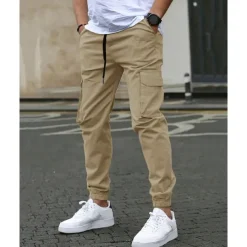 Men's Cargo Pants Trousers Elastic Waist Multi Pocket Plain Wearable Outdoor Daily Casual Dark Brown Black