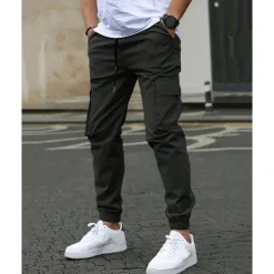 Men's Cargo Pants Trousers Elastic Waist Multi Pocket Plain Wearable Outdoor Daily Casual Dark Brown Black