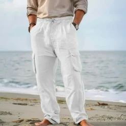 Men's Cargo Pants Trousers Summer Pants Beach Pants Drawstring Elastic Waist Multi Pocket Plain Comfort Breathable Outdoor Daily Going out Fashion Casual Black White