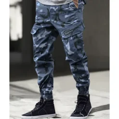 Men's Cargo Pants Trousers Camo Pants Elastic Waist Drawstring Multi Pocket Camouflage Wearable Outdoor Daily Camping & Hiking Fashion Classic Blue Green