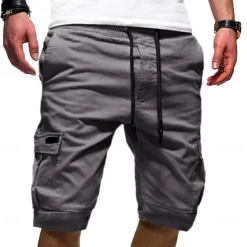 Men's Cargo Shorts Hiking Shorts Drawstring Multi Pocket Elastic Drawstring Design Plain Knee Length Daily Wear Weekend Streetwear Basic Casual Black White Micro-elastic