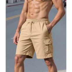 Men's Cargo Shorts Shorts Summer Shorts Drawstring Elastic Waist Multi Pocket Plain Comfort Wearable Knee Length Outdoor Sport Daily Fashion Casual Black White