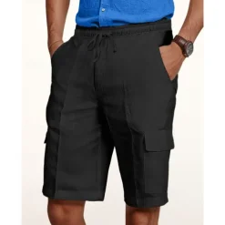Men's Cargo Shorts Shorts Linen Shorts Summer Shorts Beach Shorts Drawstring Elastic Waist Multi Pocket Plain Knee Length Outdoor Casual Daily Vacation Casual Black White Inelastic