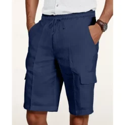 Men's Cargo Shorts Shorts Linen Shorts Summer Shorts Beach Shorts Drawstring Elastic Waist Multi Pocket Plain Knee Length Outdoor Casual Daily Vacation Casual Black White Inelastic