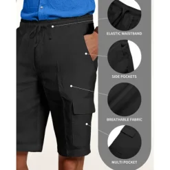 Men's Cargo Shorts Shorts Linen Shorts Summer Shorts Beach Shorts Drawstring Elastic Waist Multi Pocket Plain Knee Length Outdoor Casual Daily Vacation Casual Black White Inelastic