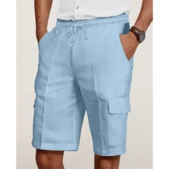 Men's Cargo Shorts Shorts Linen Shorts Summer Shorts Beach Shorts Drawstring Elastic Waist Multi Pocket Plain Knee Length Outdoor Casual Daily Vacation Casual Black White Inelastic