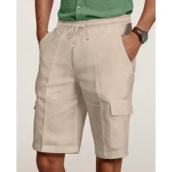 Men's Cargo Shorts Shorts Linen Shorts Summer Shorts Beach Shorts Drawstring Elastic Waist Multi Pocket Plain Knee Length Outdoor Casual Daily Vacation Casual Black White Inelastic