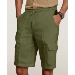Men's Cargo Shorts Shorts Linen Shorts Summer Shorts Beach Shorts Drawstring Elastic Waist Multi Pocket Plain Knee Length Outdoor Casual Daily Vacation Casual Black White Inelastic