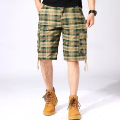 Men's Cargo Shorts Shorts Work Shorts Hiking Shorts Buttons Multi Pocket Plaid Wearable Knee Length Outdoor Daily Camping & Hiking Fashion Classic Green Khaki