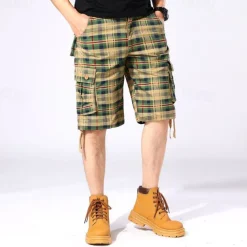 Men's Cargo Shorts Shorts Work Shorts Hiking Shorts Buttons Multi Pocket Plaid Wearable Knee Length Outdoor Daily Camping & Hiking Fashion Classic Green Khaki
