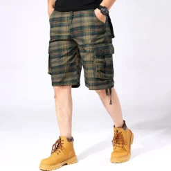 Men's Cargo Shorts Shorts Work Shorts Hiking Shorts Buttons Multi Pocket Plaid Wearable Knee Length Outdoor Daily Camping & Hiking Fashion Classic Green Khaki